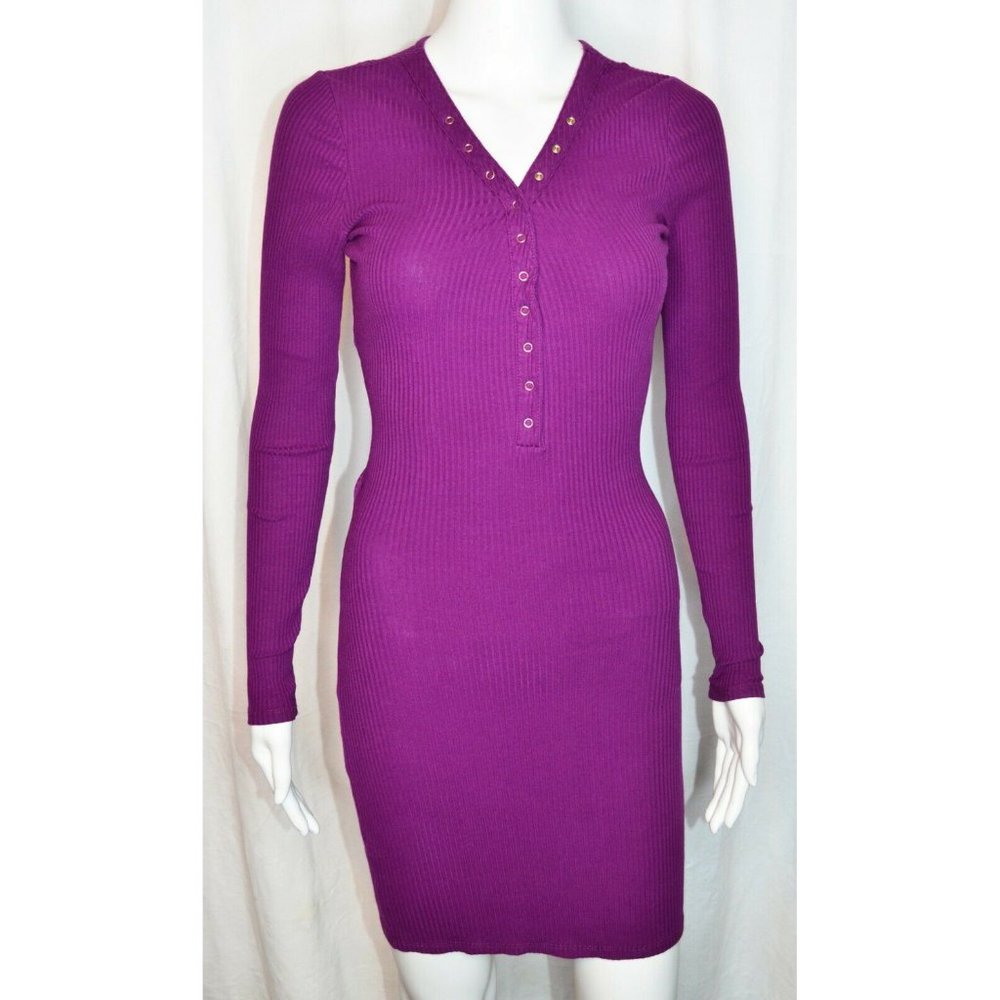 Bebe Bodycon Ribbed Cutout Back Long Sleeve Dress Purple Size S/P